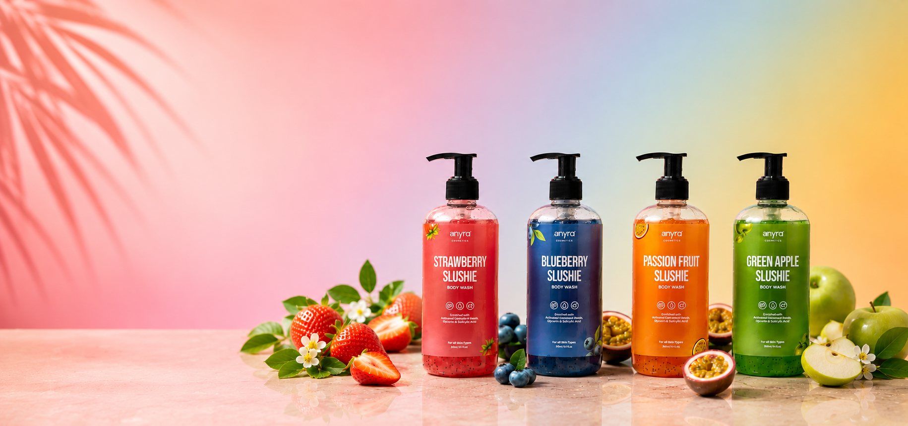 Strawberry, blueberry, passion fruit and green apple Slushie body washes in a row